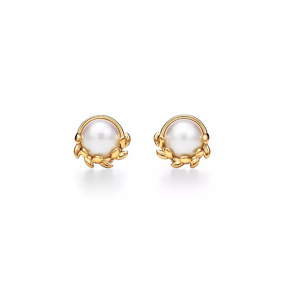 Paloma Picasso Olive Leaf Stud Earrings in Yellow Gold with Pearls - Picture 1 of 7